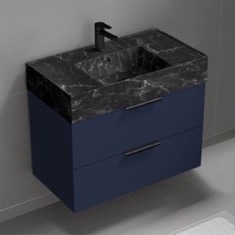 Floating Bathroom Vanity, Modern, Blue, 32 inch, Black Marble Style Sink